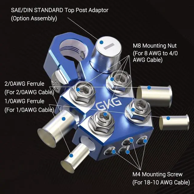 Alt view image 3 of 7 - 2 Pcs Lead Acid Battery Terminal Connectors, 12 Way Battery Terminal Clamps with OEM Top Post Adapter, 18AWG up to 4/0 AWG Gauge, Positive and Negative Set for SAE/DIN/EN Standard Tapered Top Post