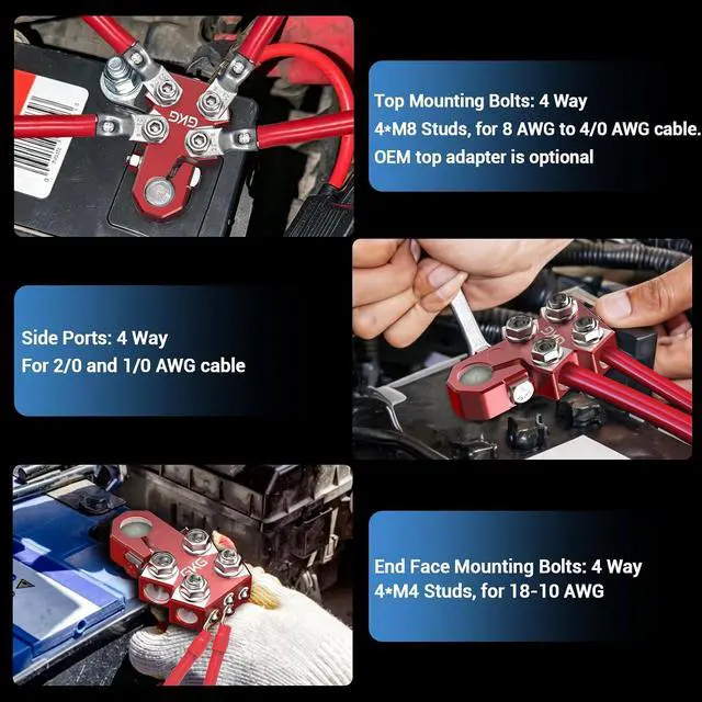 Alt view image 4 of 7 - 2 Pcs Lead Acid Battery Terminal Connectors, 12 Way Battery Terminal Clamps with OEM Top Post Adapter, 18AWG up to 4/0 AWG Gauge, Positive and Negative Set for SAE/DIN/EN Standard Tapered Top Post