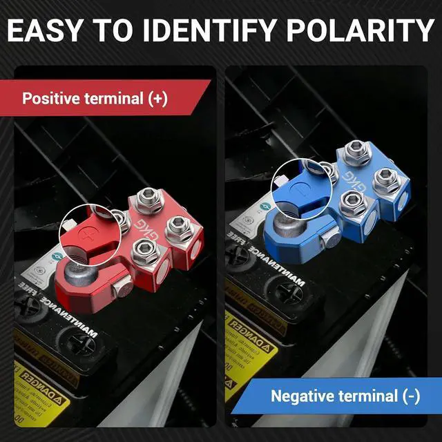 Alt view image 7 of 7 - 2 Pcs Lead Acid Battery Terminal Connectors, 12 Way Battery Terminal Clamps with OEM Top Post Adapter, 18AWG up to 4/0 AWG Gauge, Positive and Negative Set for SAE/DIN/EN Standard Tapered Top Post