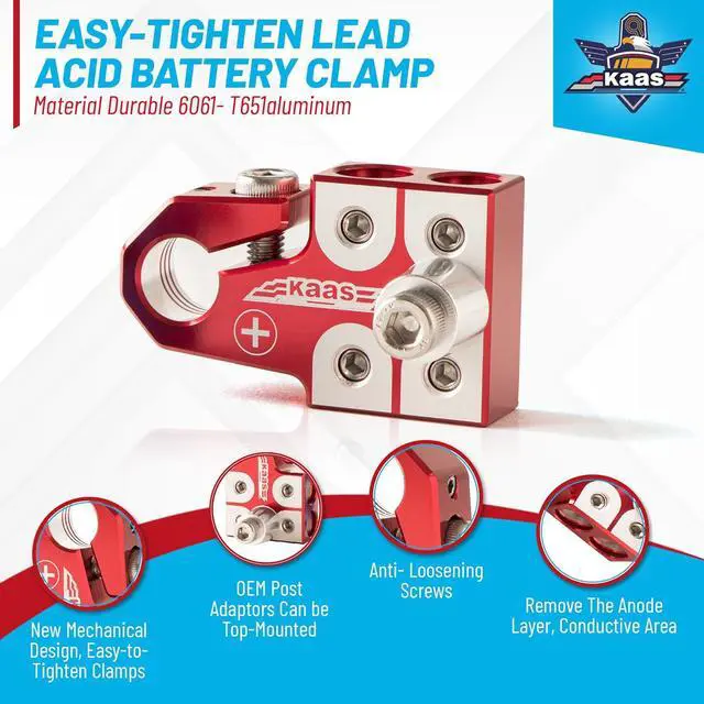 Alt view image 2 of 7 - Lead Acid Battery Terminal Clamps, Positive and Negative Set, for SAE/DIN/EN Tapered Top Post, 4-Way Connectors, Compatible with 8AWG to 4/0 AWG, Includes OEM Top Post Adapter
