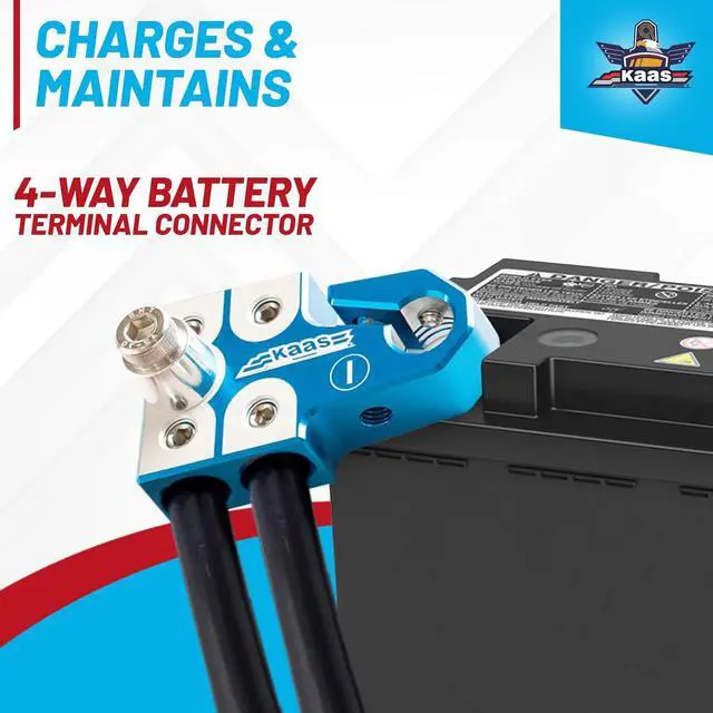Alt view image 3 of 7 - Lead Acid Battery Terminal Clamps, Positive and Negative Set, for SAE/DIN/EN Tapered Top Post, 4-Way Connectors, Compatible with 8AWG to 4/0 AWG, Includes OEM Top Post Adapter