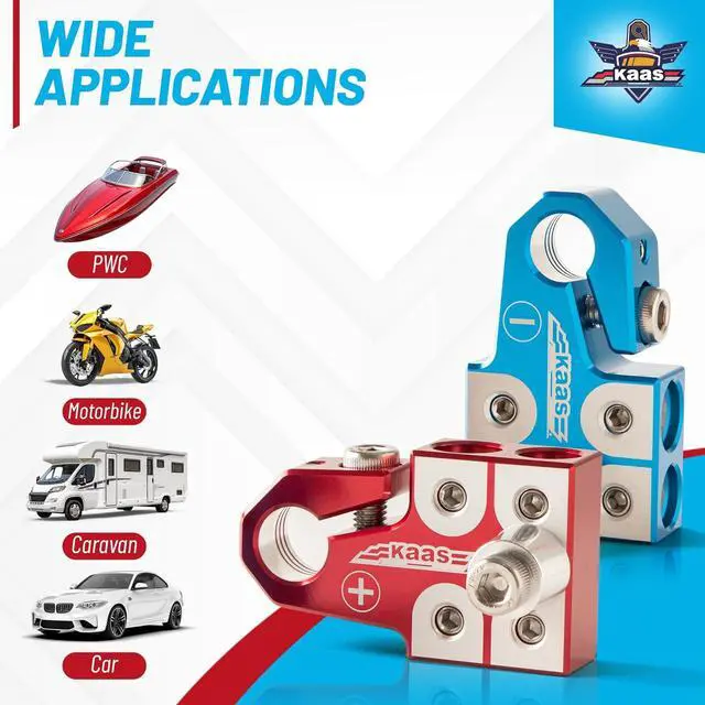 Alt view image 5 of 7 - Lead Acid Battery Terminal Clamps, Positive and Negative Set, for SAE/DIN/EN Tapered Top Post, 4-Way Connectors, Compatible with 8AWG to 4/0 AWG, Includes OEM Top Post Adapter