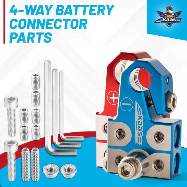 Alt view image 7 of 7 - Lead Acid Battery Terminal Clamps, Positive and Negative Set, for SAE/DIN/EN Tapered Top Post, 4-Way Connectors, Compatible with 8AWG to 4/0 AWG, Includes OEM Top Post Adapter