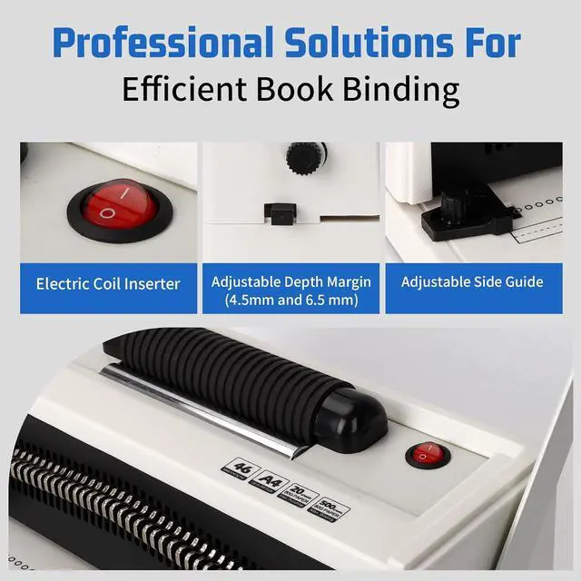 Alt view image 5 of 7 - Vagbstu Spiral Binding Machine with Electric Coil Inserter and Adjustable Side Margin, 20-Sheet Manual Punch,46 Fully Disengageable Dies,4:1 Pitch,Binds up to 500 Sheets-Includes 100 Coils