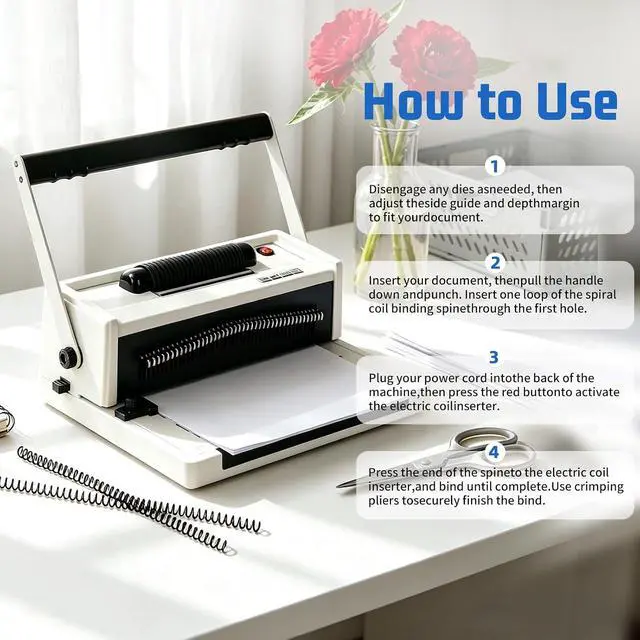 Alt view image 6 of 7 - Vagbstu Spiral Binding Machine with Electric Coil Inserter and Adjustable Side Margin, 20-Sheet Manual Punch,46 Fully Disengageable Dies,4:1 Pitch,Binds up to 500 Sheets-Includes 100 Coils
