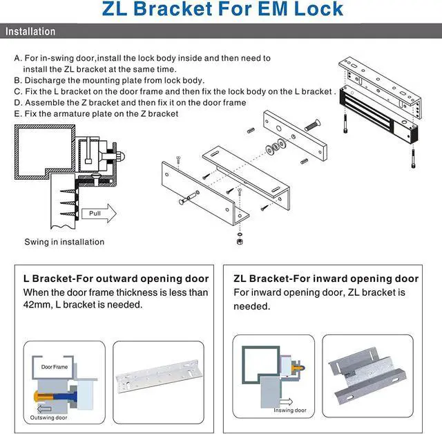 Alt view image 7 of 7 - Electromagnetic Lock with Z and L Bracket 1200LBS 500KG Holding Force Electric Magnetic Door Lock 12V Fail Safe NC Mode for Access Control System