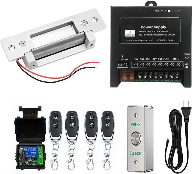 Main image of Remote Control Electric Strike Door Lock System, 2200lbs Fail Secure/Fail Safe Adjustable, Stainless Steel Exit Button, Access Control with Power Supply, 4 Remote Transmitters for Wood/Metal/PVC Doors
