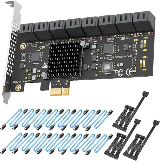 Main image of SA3116-C 16-Port PCIe X1 SATA Expansion Card with SATA and Power Cables, Compatible with Windows,Linux,Mac OS,NAS