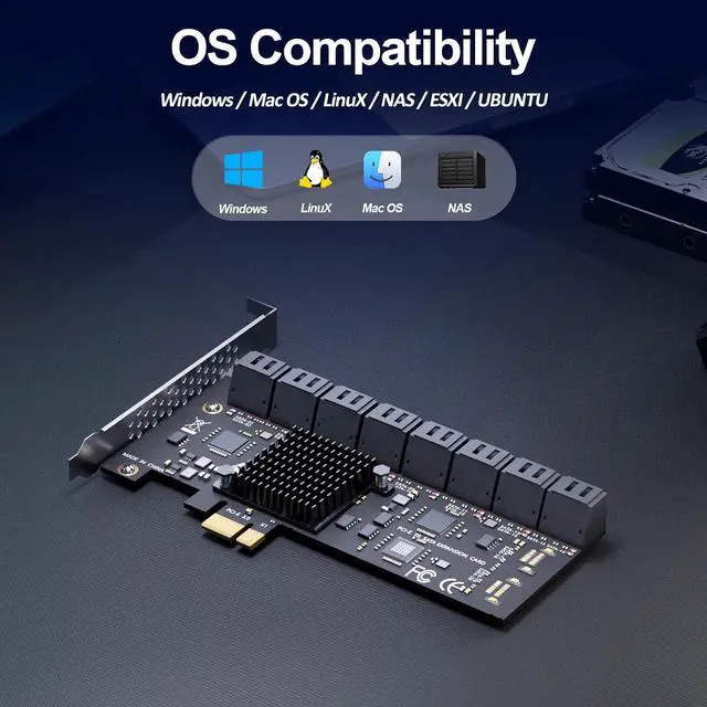 Alt view image 7 of 7 - SA3116-C 16-Port PCIe X1 SATA Expansion Card with SATA and Power Cables, Compatible with Windows,Linux,Mac OS,NAS