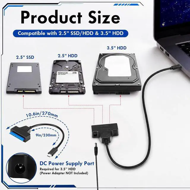Alt view image 2 of 7 - 20 Pcs SATA to USB Type-C Adapter Cable SATA I/II/III Hard Drive Adapter 3.0 Converter Cord External Converter with DC Power Port Hard Drive Cable for 2.5" SSD/HDD and 3.5" HDD Data Transfer