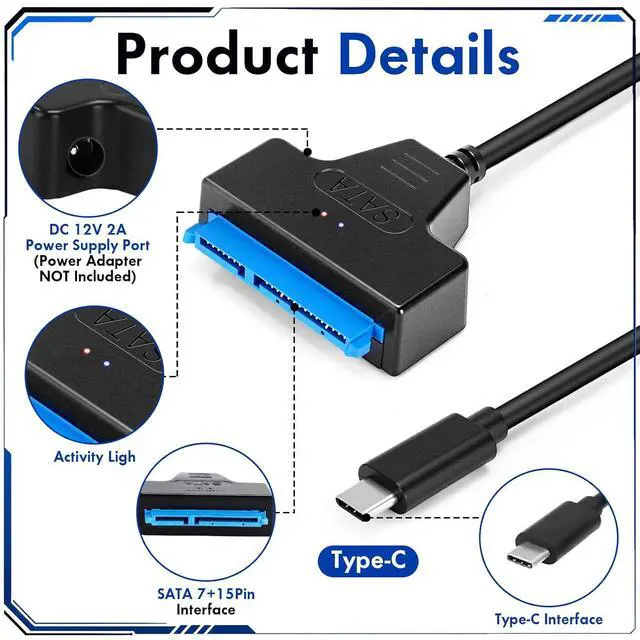 Alt view image 3 of 7 - 20 Pcs SATA to USB Type-C Adapter Cable SATA I/II/III Hard Drive Adapter 3.0 Converter Cord External Converter with DC Power Port Hard Drive Cable for 2.5" SSD/HDD and 3.5" HDD Data Transfer