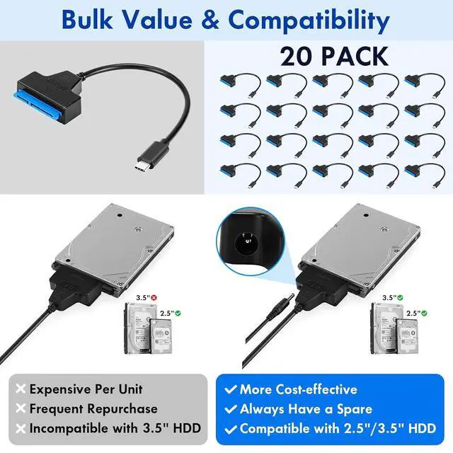 Alt view image 7 of 7 - 20 Pcs SATA to USB Type-C Adapter Cable SATA I/II/III Hard Drive Adapter 3.0 Converter Cord External Converter with DC Power Port Hard Drive Cable for 2.5" SSD/HDD and 3.5" HDD Data Transfer