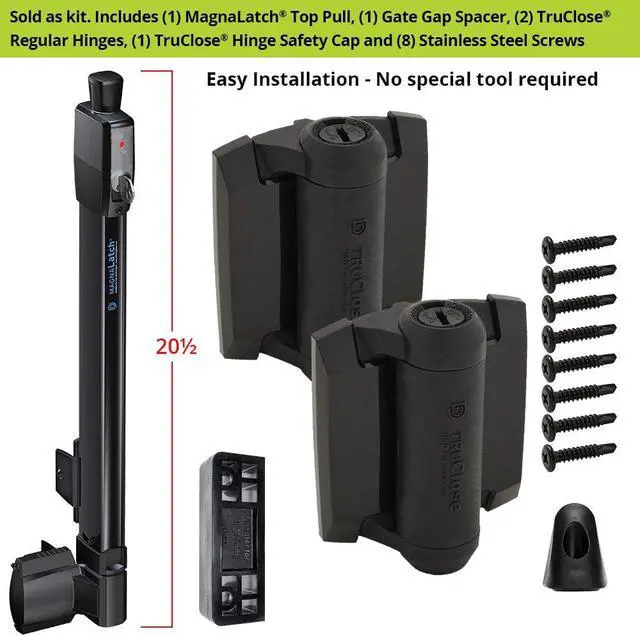 Alt view image 2 of 7 - MLTPTCA1CAPSPKA Pool Safety Gate Hardware Kit with MagnaLatch Top Pull 20-inch Gate Latch, Self-Closing TruClose Hinges and Safety Cap for Child Protection & Spacer for 2" Gate Gaps