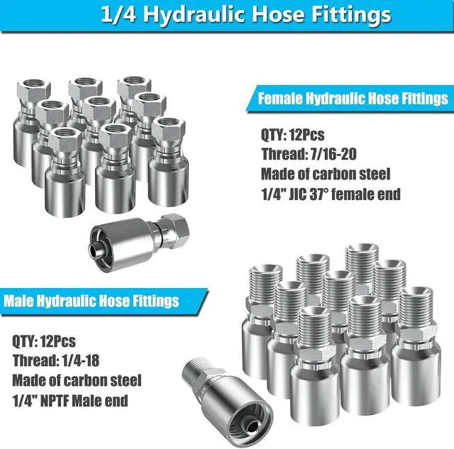 Alt view image 2 of 6 - 24PCS 1/4" NPTF Male & 1/4" JIC 37° Female Hydraulic Hose Fittings, Hydraulic Hose Crimp Fitting Ends for Air Hose Repair Kit