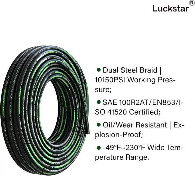 Alt view image 2 of 7 - 20Ft 1/2 Inch Hydraulic Hose (EN853 SAE 100R2AT -45MPa/6525PSI, 2-Layer Steel Braided),Heavy-Duty Industrial Hydraulic Oil Hose with Fittings