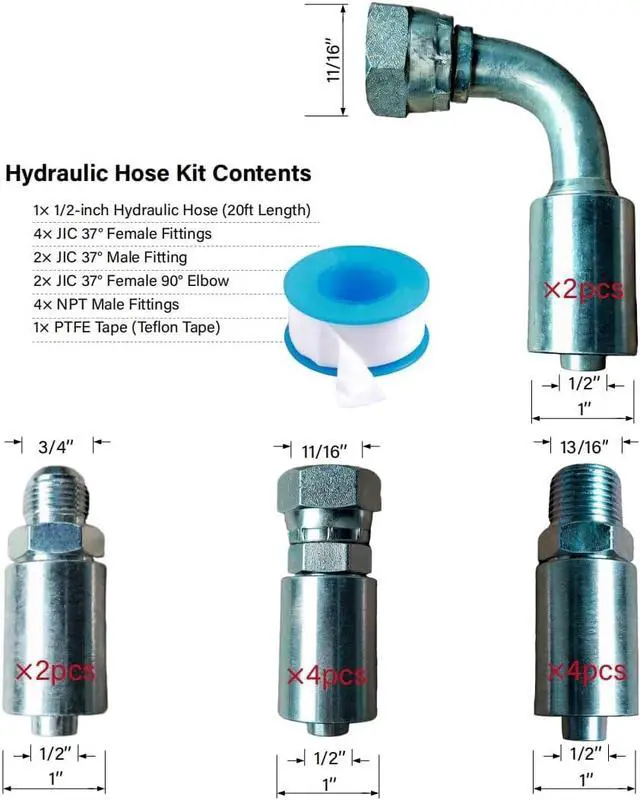 Alt view image 3 of 7 - 20Ft 1/2 Inch Hydraulic Hose (EN853 SAE 100R2AT -45MPa/6525PSI, 2-Layer Steel Braided),Heavy-Duty Industrial Hydraulic Oil Hose with Fittings