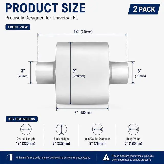 Alt view image 2 of 7 - 3" ID Center/Center Single Chamber Muffler Pair - Aluminized steel Silver Coated Deep Tone, Corrosion Resistant, Welded/Clamp-On (13" Total Length)