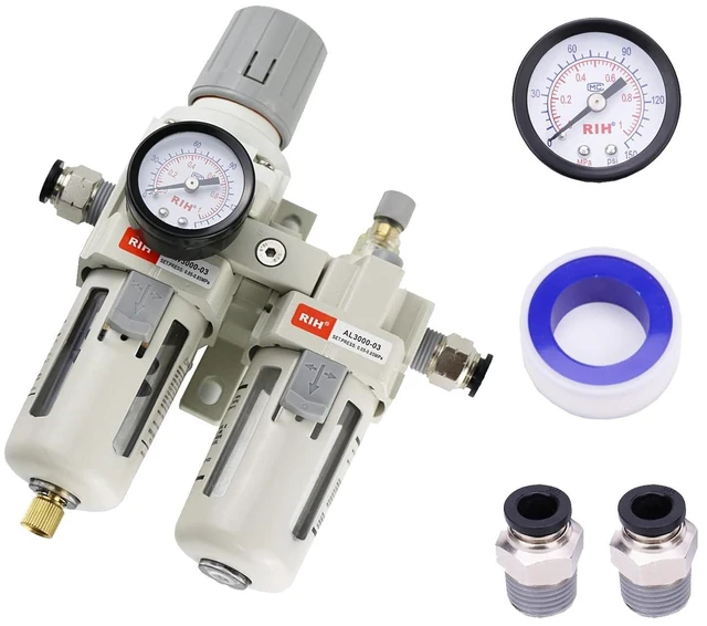 Main image of 3/8" NPT Compressed Air Filter Regulator Lubricator Combo, Water/Oil Trap Separator, Gauge (0-150 psi), Semi-Auto Drain, Poly Bowl & Bracket, 3-in-1 Two Unit (3/8" NPT)