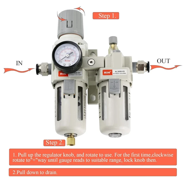 Alt view image 2 of 7 - 3/8" NPT Compressed Air Filter Regulator Lubricator Combo, Water/Oil Trap Separator, Gauge (0-150 psi), Semi-Auto Drain, Poly Bowl & Bracket, 3-in-1 Two Unit (3/8" NPT)