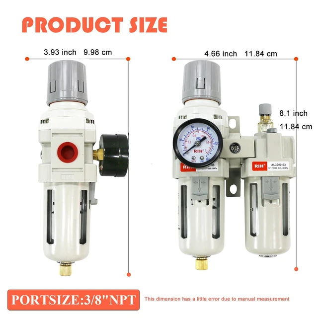 Alt view image 3 of 7 - 3/8" NPT Compressed Air Filter Regulator Lubricator Combo, Water/Oil Trap Separator, Gauge (0-150 psi), Semi-Auto Drain, Poly Bowl & Bracket, 3-in-1 Two Unit (3/8" NPT)