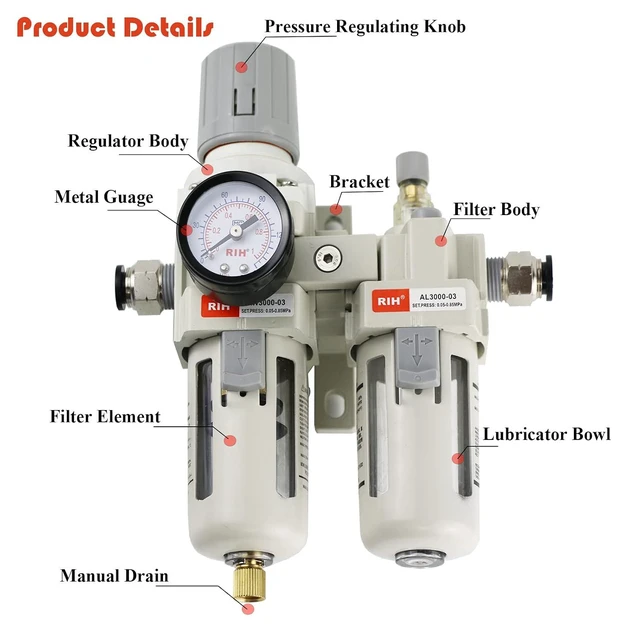 Alt view image 5 of 7 - 3/8" NPT Compressed Air Filter Regulator Lubricator Combo, Water/Oil Trap Separator, Gauge (0-150 psi), Semi-Auto Drain, Poly Bowl & Bracket, 3-in-1 Two Unit (3/8" NPT)