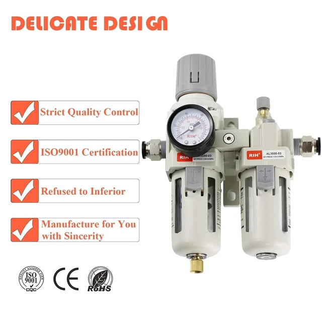 Alt view image 6 of 7 - 3/8" NPT Compressed Air Filter Regulator Lubricator Combo, Water/Oil Trap Separator, Gauge (0-150 psi), Semi-Auto Drain, Poly Bowl & Bracket, 3-in-1 Two Unit (3/8" NPT)