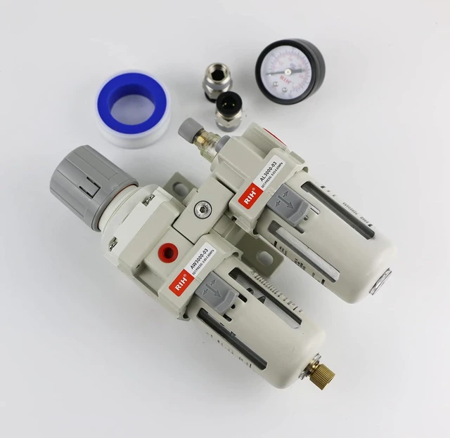 Alt view image 7 of 7 - 3/8" NPT Compressed Air Filter Regulator Lubricator Combo, Water/Oil Trap Separator, Gauge (0-150 psi), Semi-Auto Drain, Poly Bowl & Bracket, 3-in-1 Two Unit (3/8" NPT)