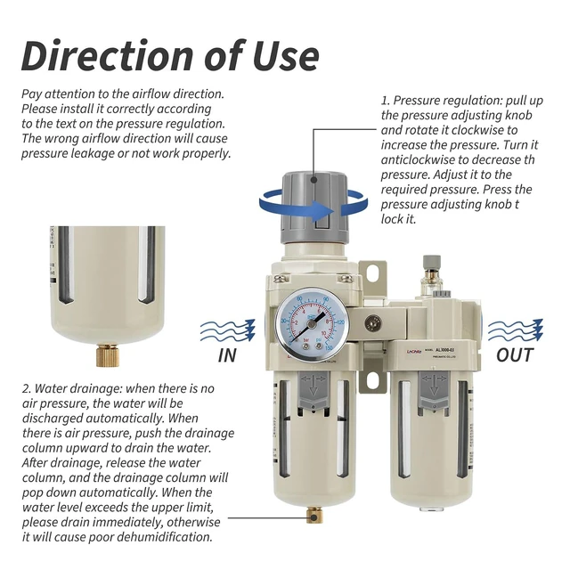 Alt view image 5 of 6 - Air Compressor Filter Regulator Lubricator (FRL) Unit, 3/8 NPT Oil Water Separator with Pressure Gauge (0-150PSI) & Semi-Auto Drain for Pneumatic Systems