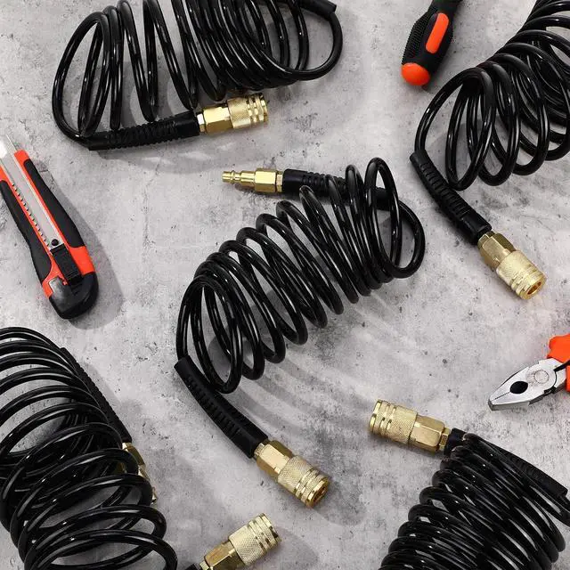 Alt view image 2 of 7 - 10 Pack 1/4 in x 10 ft Polyurethane Recoil Air Hose Air Compressor Hose Flexible Coiled Line with Bend Restrictor 1/4" Industrial Quick Coupler and Plug for Household Garage Station (Black)
