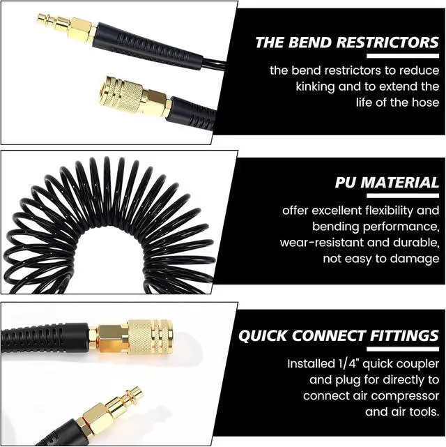 Alt view image 3 of 7 - 10 Pack 1/4 in x 10 ft Polyurethane Recoil Air Hose Air Compressor Hose Flexible Coiled Line with Bend Restrictor 1/4" Industrial Quick Coupler and Plug for Household Garage Station (Black)