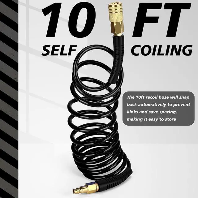 Alt view image 5 of 7 - 10 Pack 1/4 in x 10 ft Polyurethane Recoil Air Hose Air Compressor Hose Flexible Coiled Line with Bend Restrictor 1/4" Industrial Quick Coupler and Plug for Household Garage Station (Black)