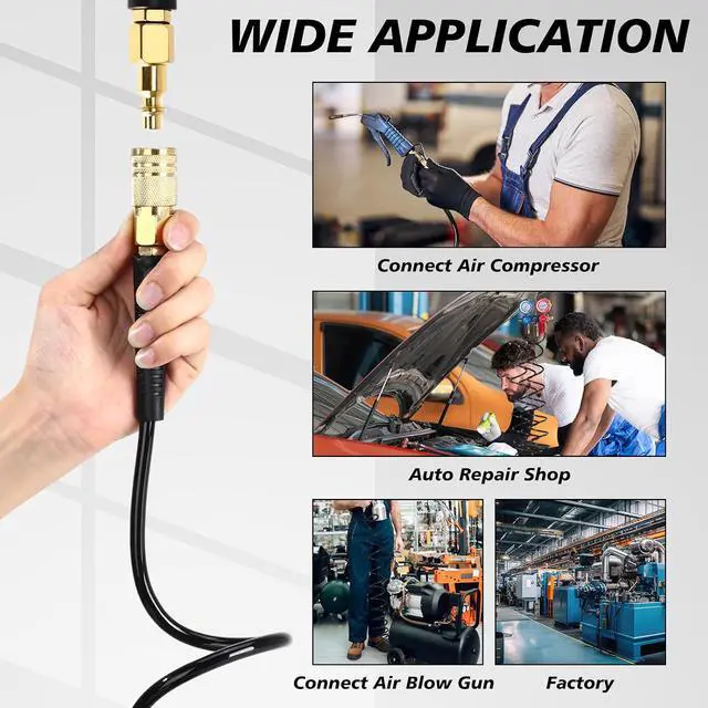 Alt view image 7 of 7 - 10 Pack 1/4 in x 10 ft Polyurethane Recoil Air Hose Air Compressor Hose Flexible Coiled Line with Bend Restrictor 1/4" Industrial Quick Coupler and Plug for Household Garage Station (Black)
