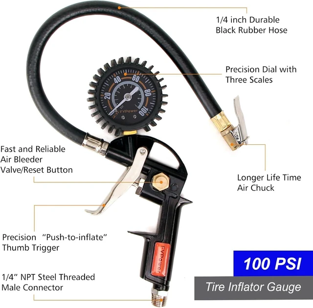 Alt view image 2 of 7 - 16-Piece Heavy Duty Air Compressor Accessory Kit, 1/4 inch 25ft Recoil Poly Hose, 100PSI Tire Inflator Gauge, Blow Gun & Nozzles, 1/4" NPT Coupler & Plug Kit