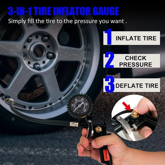 Alt view image 3 of 7 - 16-Piece Heavy Duty Air Compressor Accessory Kit, 1/4 inch 25ft Recoil Poly Hose, 100PSI Tire Inflator Gauge, Blow Gun & Nozzles, 1/4" NPT Coupler & Plug Kit