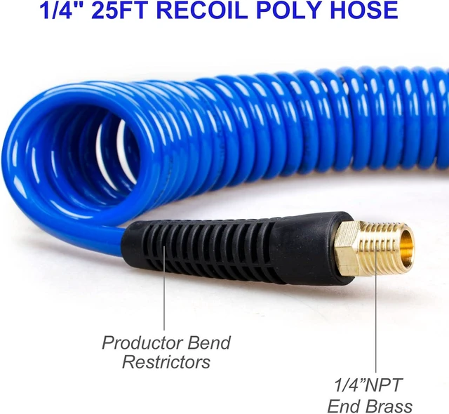 Alt view image 4 of 7 - 16-Piece Heavy Duty Air Compressor Accessory Kit, 1/4 inch 25ft Recoil Poly Hose, 100PSI Tire Inflator Gauge, Blow Gun & Nozzles, 1/4" NPT Coupler & Plug Kit