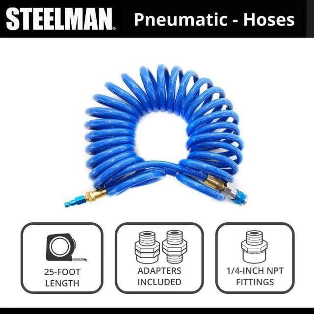 Alt view image 2 of 7 - 25-Foot 3/8-Inch ID Coiled Air Hose with Reusable 1/4-Inch NPT Brass Fittings, Quick Connect Universal AMT Style Coupler and T-Style Automotive Plug, Kink Resistant Polyurethane Tubing