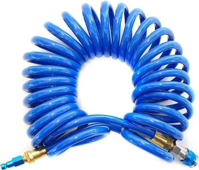 Main image of 25-Foot 3/8-Inch ID Coiled Air Hose with Reusable 1/4-Inch NPT Brass Fittings, Quick Connect Universal AMT Style Coupler and T-Style Automotive Plug, Kink Resistant Polyurethane Tubing
