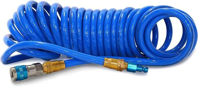 Alt view image 4 of 7 - 25-Foot 3/8-Inch ID Coiled Air Hose with Reusable 1/4-Inch NPT Brass Fittings, Quick Connect Universal AMT Style Coupler and T-Style Automotive Plug, Kink Resistant Polyurethane Tubing