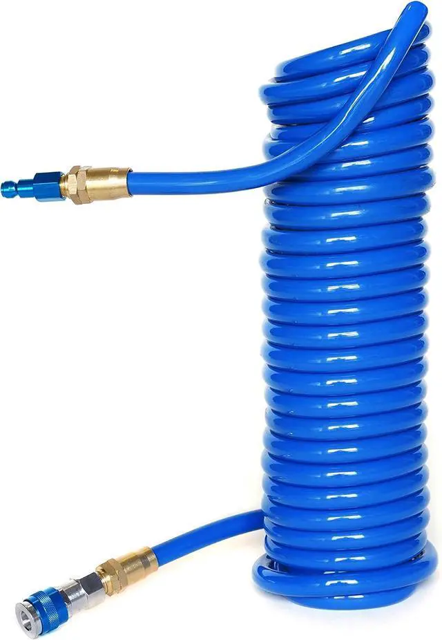 Alt view image 5 of 7 - 25-Foot 3/8-Inch ID Coiled Air Hose with Reusable 1/4-Inch NPT Brass Fittings, Quick Connect Universal AMT Style Coupler and T-Style Automotive Plug, Kink Resistant Polyurethane Tubing