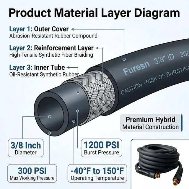Alt view image 4 of 6 - 19 Pieces Air Compressor Accessories Kit, 3/8 Inch x 25FT Hybrid Air Compressor Hose Kit with 1/4 in NPT Quick Connect Air Fittings, Air Tool & Air Compressor Accessories Kit, Bend Restrictors,300 PSI