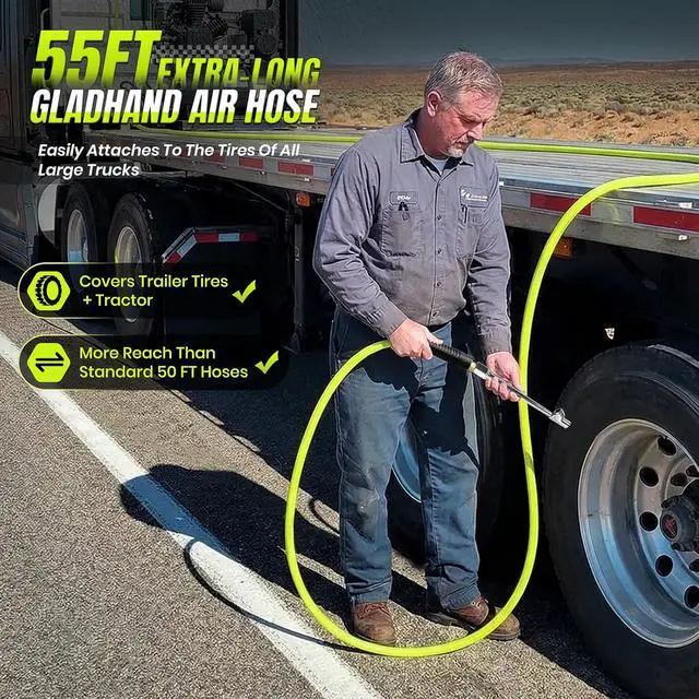 Alt view image 2 of 7 - Glad Hand Air Hose Kit, 3/8" x 55 FT Truck Tire Inflator Hose with Universal Gladhand, Includes Dual Head Chuck & Storage Bag, Connects to Semi Truck Air System for Roadside Emergency