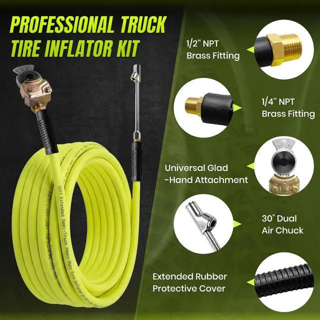 Alt view image 4 of 7 - Glad Hand Air Hose Kit, 3/8" x 55 FT Truck Tire Inflator Hose with Universal Gladhand, Includes Dual Head Chuck & Storage Bag, Connects to Semi Truck Air System for Roadside Emergency