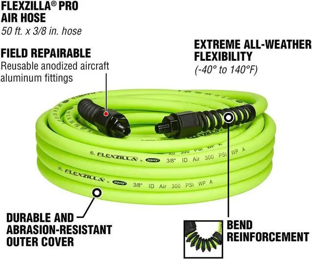 Alt view image 3 of 7 - Pro Air Hose, 3/8 in. x 50 ft., Heavy Duty, Lightweight, Hybrid, ZillaGreen - HFZP3850YW2