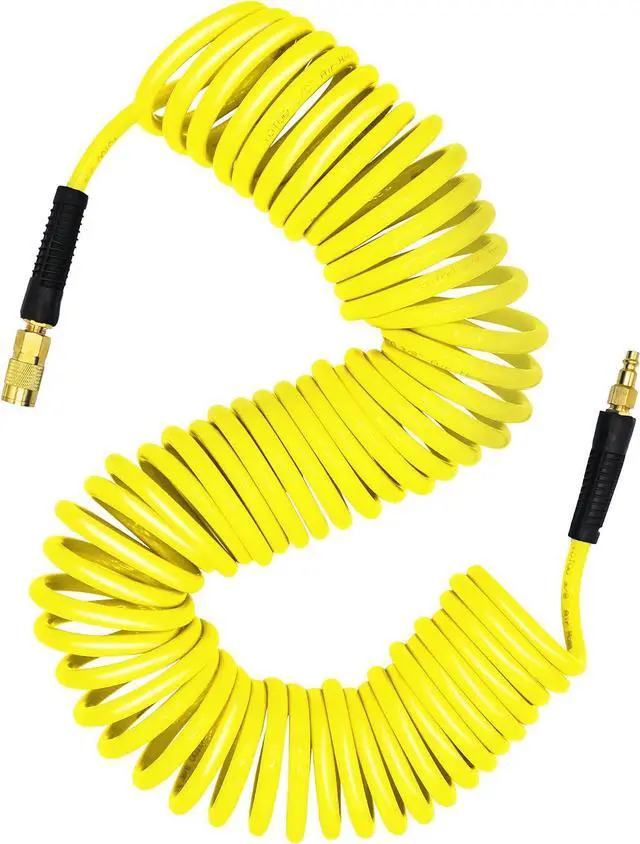 Main image of Polyurethane Recoil Air Hose 3/8" Inner Diameter by 50' Long with Bend Restrictor, Repairable 1/4" Industrial Quick Coupler and Plug, Yellow
