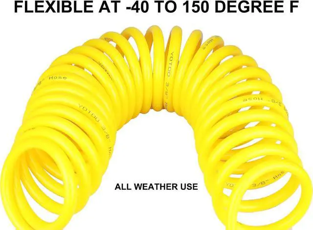 Alt view image 2 of 7 - Polyurethane Recoil Air Hose 3/8" Inner Diameter by 50' Long with Bend Restrictor, Repairable 1/4" Industrial Quick Coupler and Plug, Yellow