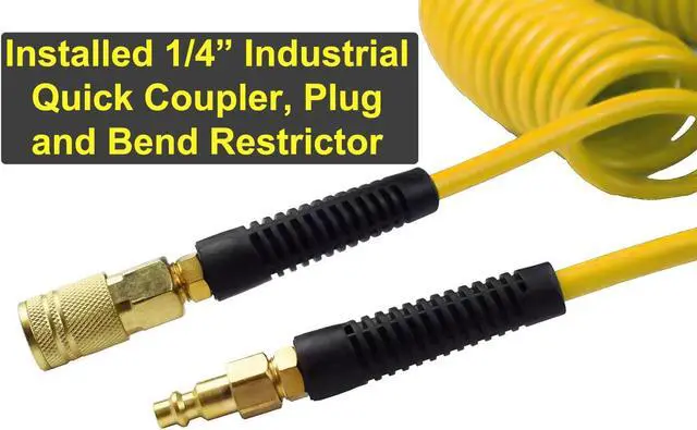Alt view image 5 of 7 - Polyurethane Recoil Air Hose 3/8" Inner Diameter by 50' Long with Bend Restrictor, Repairable 1/4" Industrial Quick Coupler and Plug, Yellow