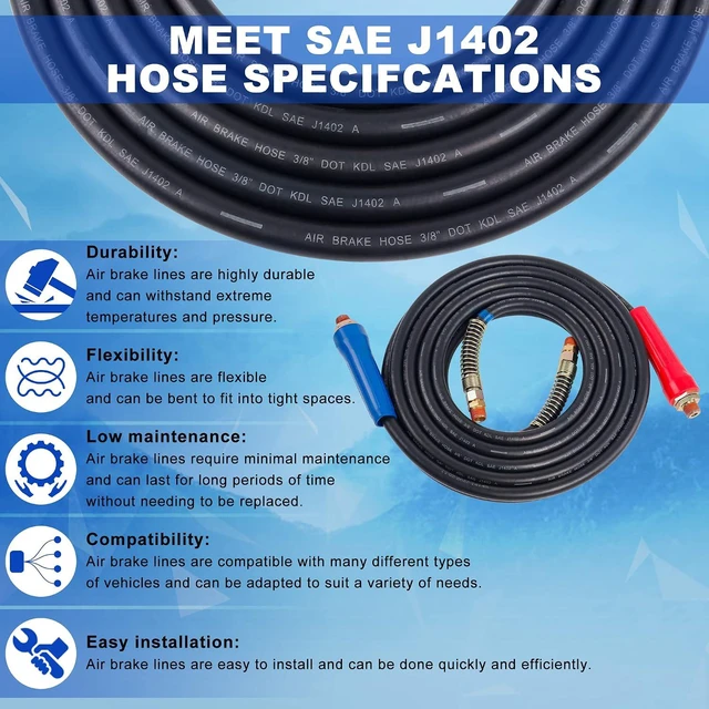 Alt view image 2 of 7 - 15FT Rubber Air Line Hose Assembly with Grip, Gladhand & Gladhand Seals, Heavy Duty for Tractor Trailer (Set of 2)