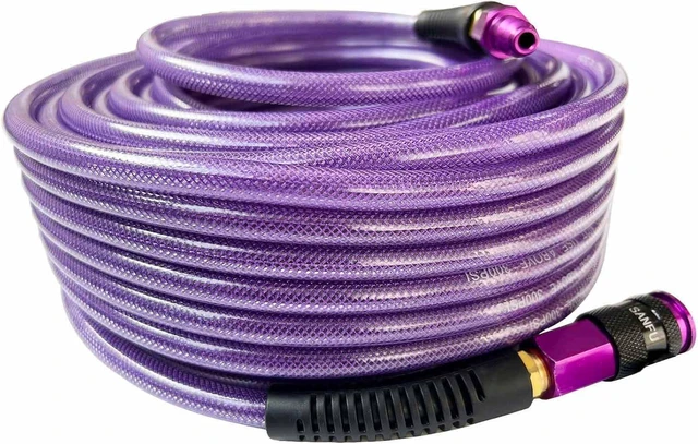 Main image of Polyurethane (PU) Air Hose 1/4-Inch x 100ft Reinforced, Lightweight Anti-Low Temperature 300PSI, 1/4 Swivel Industrial Aluminum Quick Coupler & Plug, Bend Restrictor, Purple (100)