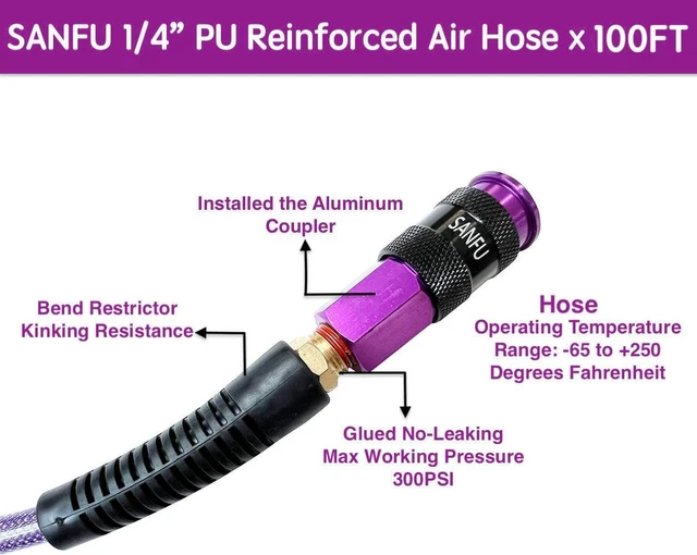 Alt view image 2 of 7 - Polyurethane (PU) Air Hose 1/4-Inch x 100ft Reinforced, Lightweight Anti-Low Temperature 300PSI, 1/4 Swivel Industrial Aluminum Quick Coupler & Plug, Bend Restrictor, Purple (100)