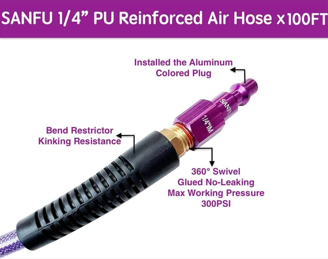 Alt view image 3 of 7 - Polyurethane (PU) Air Hose 1/4-Inch x 100ft Reinforced, Lightweight Anti-Low Temperature 300PSI, 1/4 Swivel Industrial Aluminum Quick Coupler & Plug, Bend Restrictor, Purple (100)